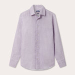 Men's Crazy Maze Abaco Linen Shirt. Long-sleeved, button-up white and purple patterned linen shirt. 