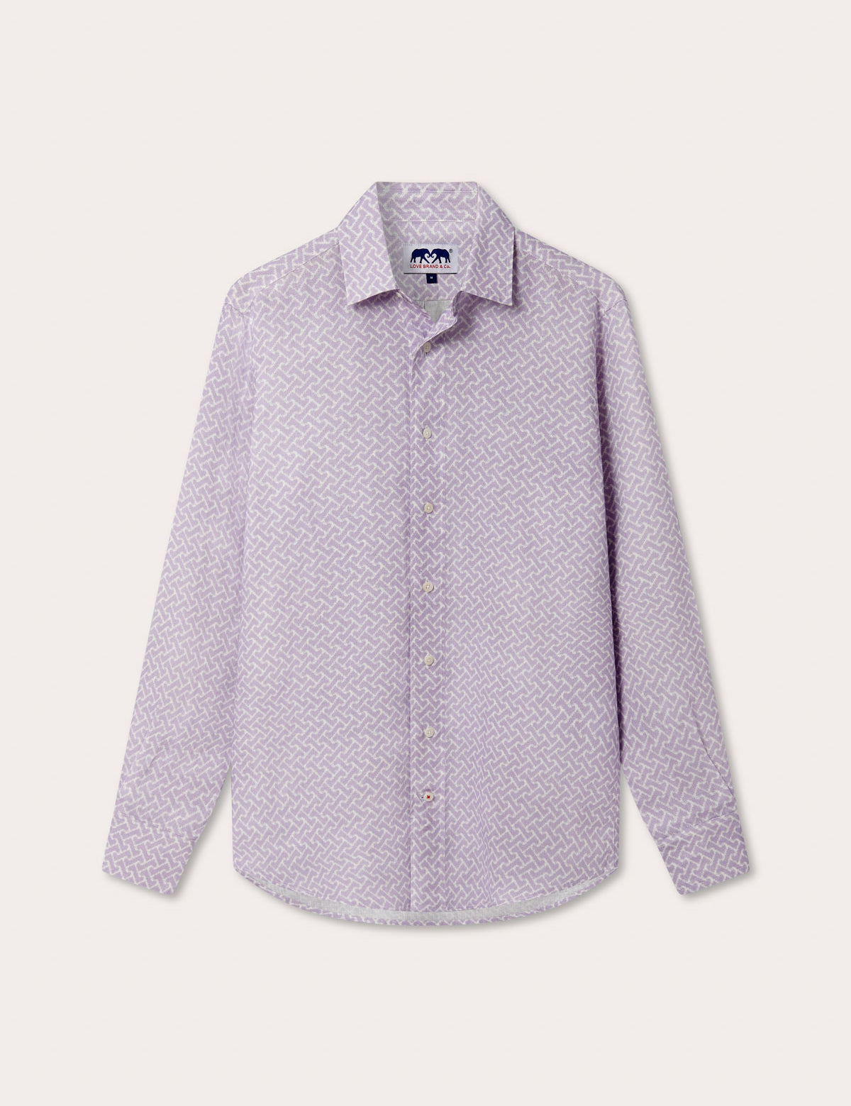 Men's Crazy Maze Abaco Linen Shirt. Long-sleeved, button-up white and purple patterned linen shirt. 