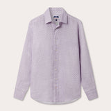 Men's Crazy Maze Abaco Linen Shirt. Long-sleeved, button-up white and purple patterned linen shirt. 