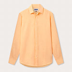 Front view of Men's Orange Sorbet Abaco Linen Shirt. Long-sleeved button-up shirt made from 100% in orange.