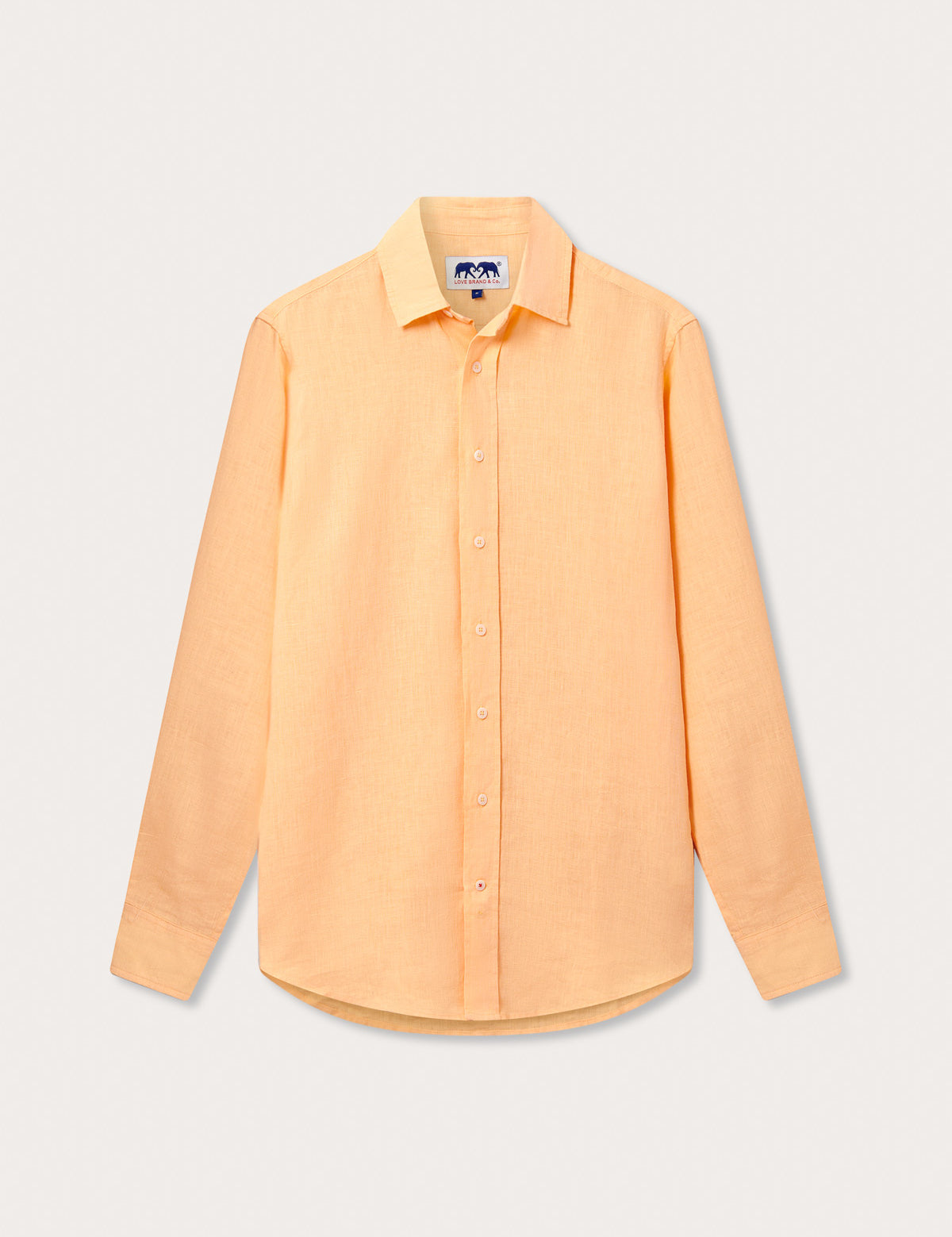 Front view of Men's Orange Sorbet Abaco Linen Shirt. Long-sleeved button-up shirt made from 100% in orange.