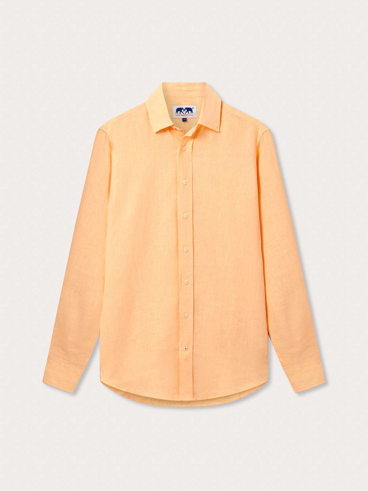 Front view of Men's Orange Sorbet Abaco Linen Shirt. Long-sleeved button-up shirt made from 100% in orange. 