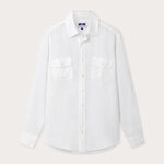 Men's White Andros Linen Shirt. Long-sleeved, button-up white linen shirt. Double-breasted with a classic collar.