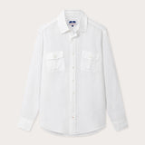 Men's White Andros Linen Shirt. Long-sleeved, button-up white linen shirt. Double-breasted with a classic collar.