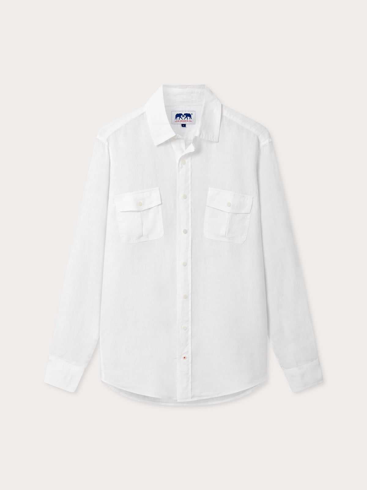 Men's White Andros Linen Shirt. Long-sleeved, button-up white linen shirt. Double-breasted with a classic collar.