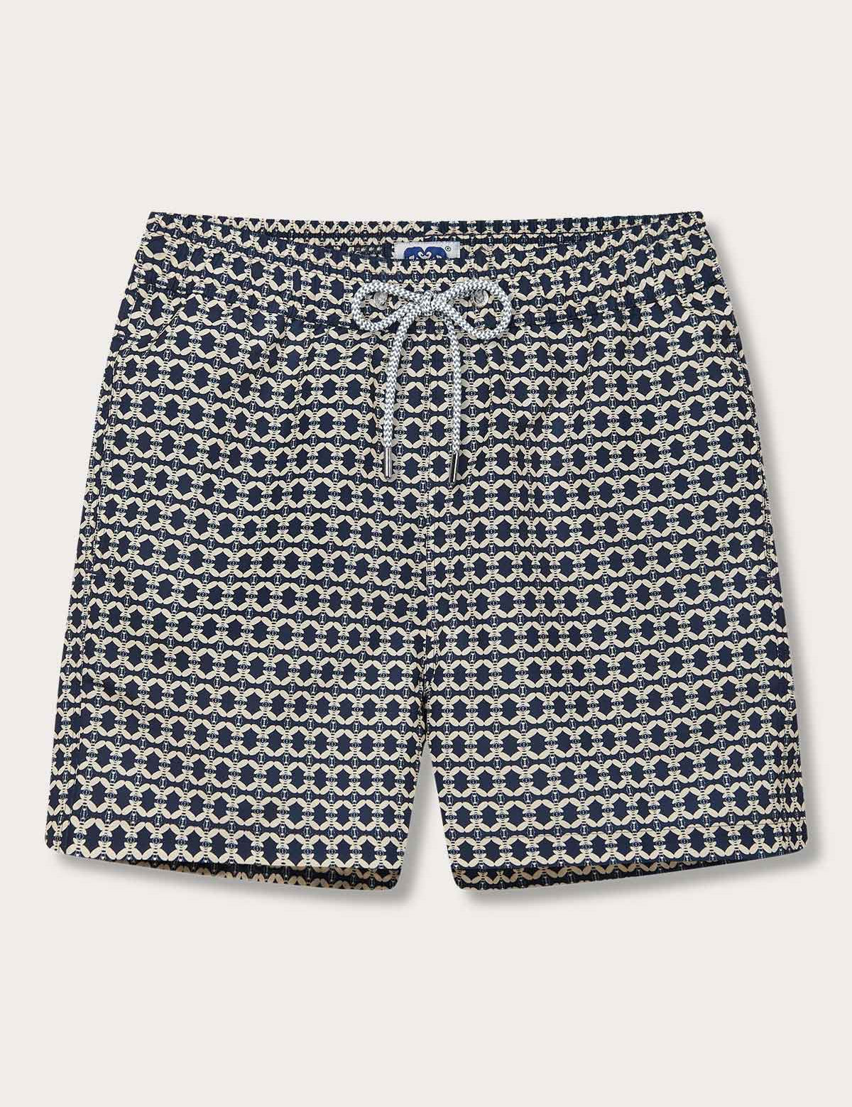 Men's Bee Propelled Staniel Swim Shorts with stone-coloured bee pattern and drawstring closure.