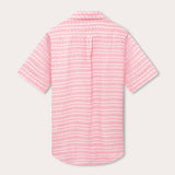 Men's Camel Mirage Pink Arawak Linen Shirt, back view, showcasing a short-sleeve design with a unique mirage-inspired print in pink. This old money shirt highlights environmental dedication.