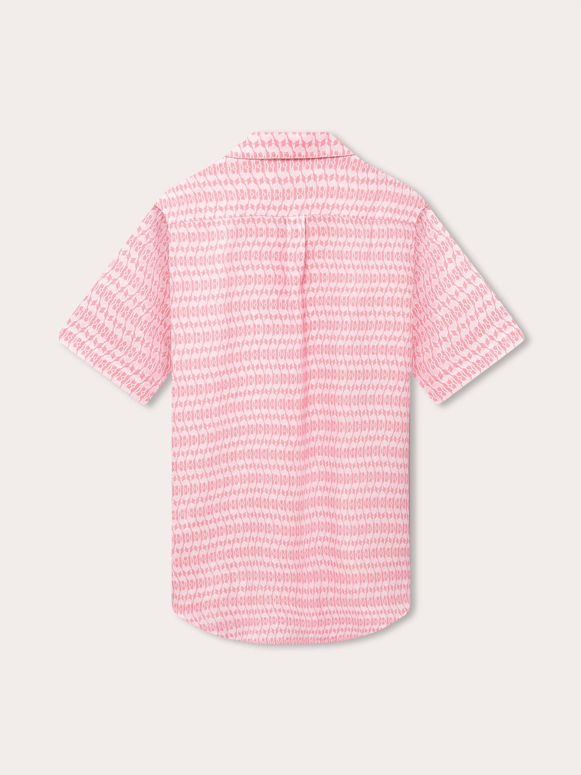 Men's Camel Mirage Pink Arawak Linen Shirt, back view, showcasing a short-sleeve design with a unique mirage-inspired print in pink. This old money shirt highlights environmental dedication.