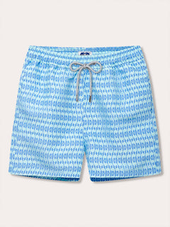 Men's Camel Mirage Sky Staniel Swim Shorts with a blue desert mirage pattern. Patterned swim shorts promoting environmental awareness through design inspired by Cop28 in Dubai 2023.