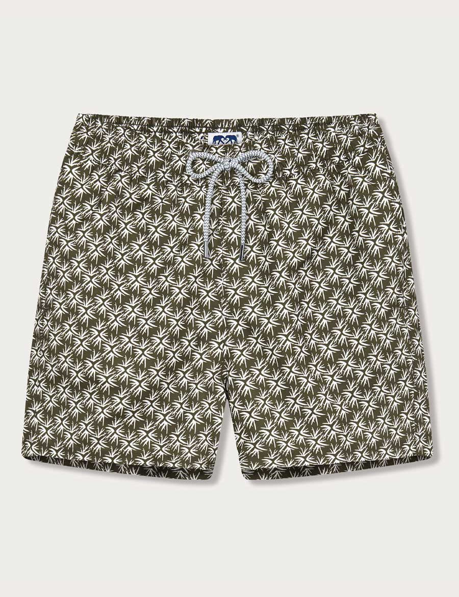 Men's Coral Spark Staniel Swim Shorts with white and olive green bleached coral pattern, crafted from 100% recycled quick-drying fabric.