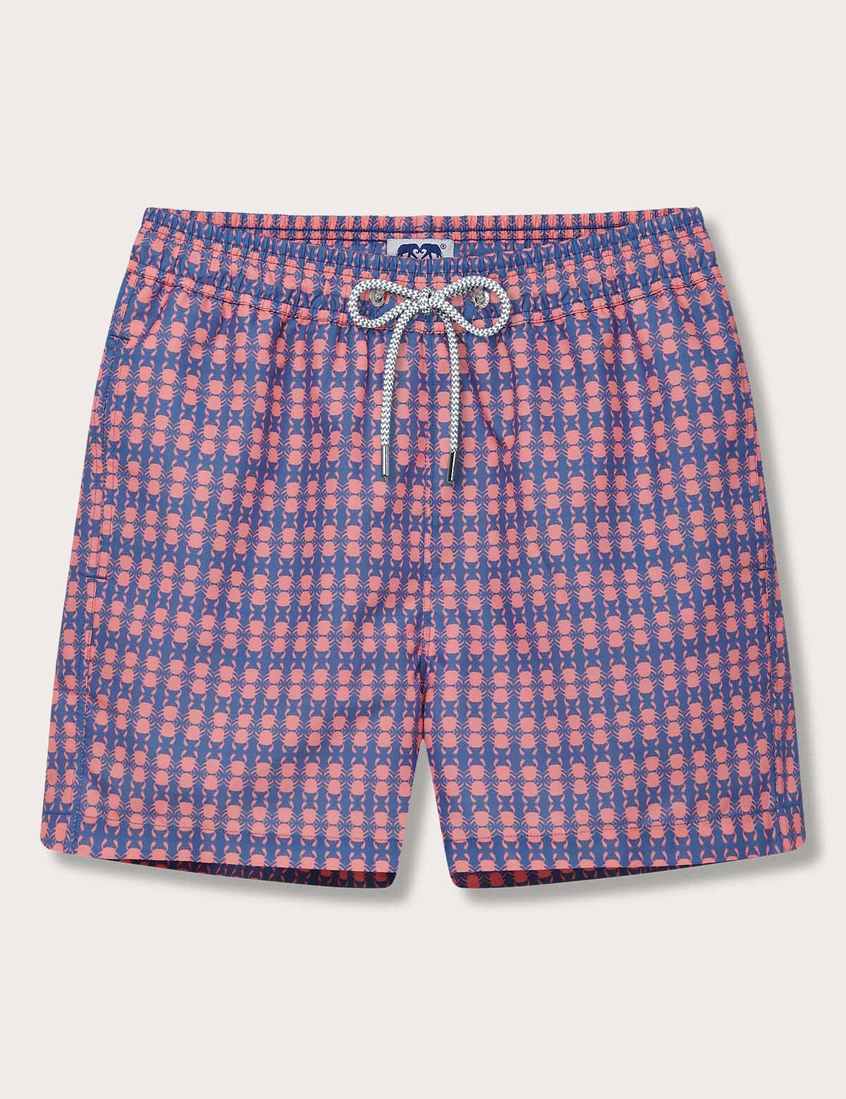 Men's Crab Pool Staniel Swim Shorts featuring a deep blue base. Patterned swim shorts with a playful pattern of crabs and watermelons, designed for quick-drying and comfort.