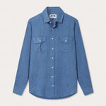 Men's Deep Blue Andros Linen Shirt. Denim blue linen shirt with double breasted pockets. Long-sleeved, button-up shirt.