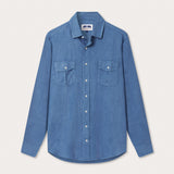 Men's Deep Blue Andros Linen Shirt. Denim blue linen shirt with double breasted pockets. Long-sleeved, button-up shirt.