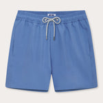 Men's Deep Blue Staniel Swim Shorts front view. Plain swim shorts featuring drawstring tie and elasticated waist.