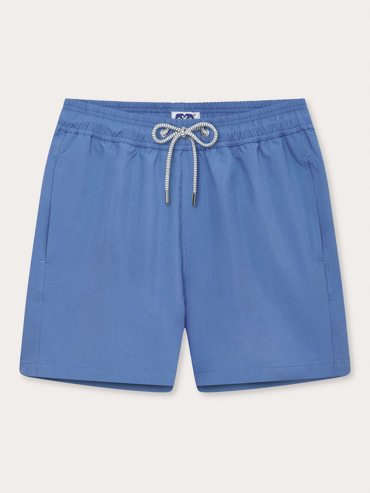 Men's Deep Blue Staniel Swim Shorts front view. Plain swim shorts featuring drawstring tie and elasticated waist.