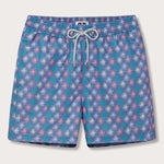 Men's Dont be Anemone Staniel Swim Shorts with a vibrant sea anemone print. Patterned swim shorts featuring a blue background and iridescent colors, made from 100% recycled materials.