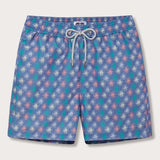 Men's Dont be Anemone Staniel Swim Shorts with a vibrant sea anemone print. Patterned swim shorts featuring a blue background and iridescent colors, made from 100% recycled materials.