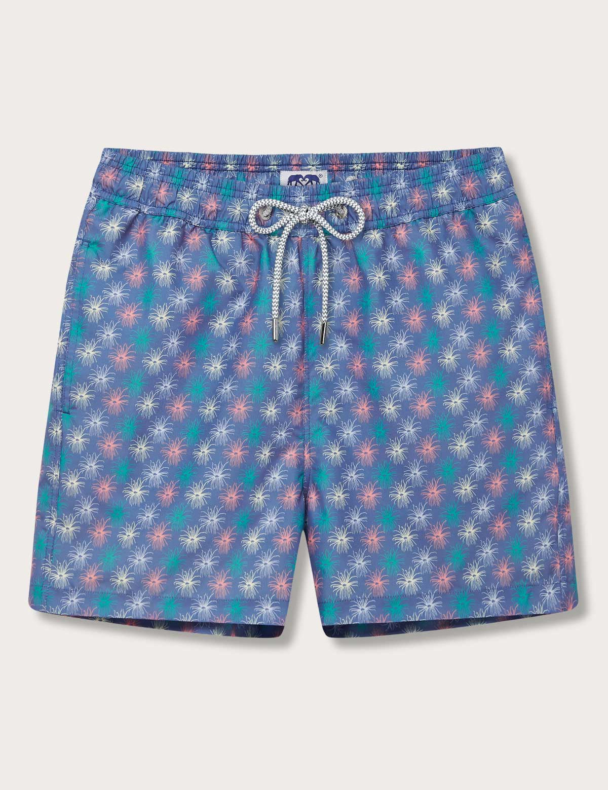 Men's Dont be Anemone Staniel Swim Shorts with a vibrant sea anemone print, featuring a blue background and iridescent colors, made from 100% recycled materials.