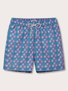 Men's Don't be Anemone Staniel Swim Shorts with colorful sea anemone print on blue background, featuring a drawstring waistband.