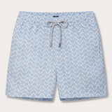 Men's Elephant Palace Sky Staniel Swim Shorts featuring a blue and white elephant and palace inspired print, made from recycled materials with a soft mesh interior and drawstring waistband.