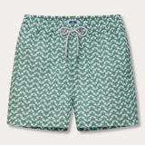 Men's Elephant Palace Green Staniel Swim Shorts with a stylish elephant and Indian palace illusion print. Patterned swim shorts made from 100% recycled quick-dry material.