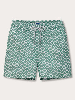 Mens Elephant Palace Green Staniel Swim Shorts front view. This bestselling design features majestic elephants in a stylish illusion of Indian palaces on a green background.