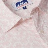 Men's Elephant Palace Pink Abaco Linen Shirt close-up showcasing the collar, button, and tag with elephant logo. Old money shirts made from 100% linen.