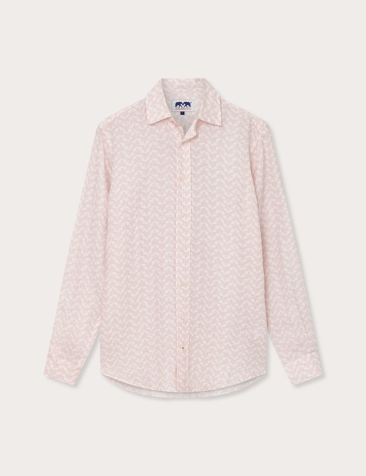Men's Elephant Palace Pink Abaco Linen Shirt hanging on a white background, featuring a light pink color with subtle patterns, long sleeves, and a collar.