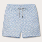 Elephant Palace Sky Staniel mens Swim Shorts. This design features white elephants raising their trunks to create a pattern that resembles Indian palaces on a sky blue background.