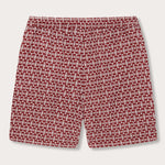 Men's Elephant of India Joulter Linen Shorts with dark burgundy elephant pattern on white background.