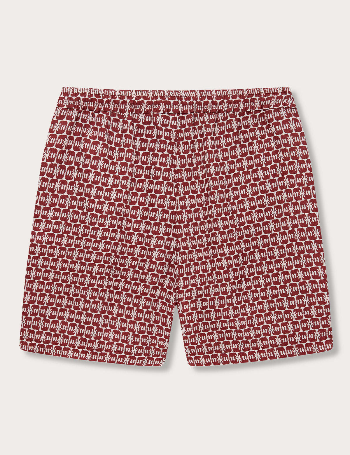 Men's Elephant of India Joulter Linen Shorts with dark burgundy elephant pattern on white background.