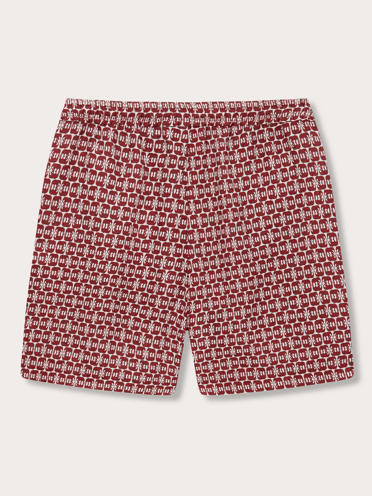 Men's Elephant of India Joulter Linen Shorts with dark burgundy elephant pattern on white background.