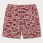 Men's Elephant of India Joulter Linen Shorts with dark burgundy elephants on a white background.