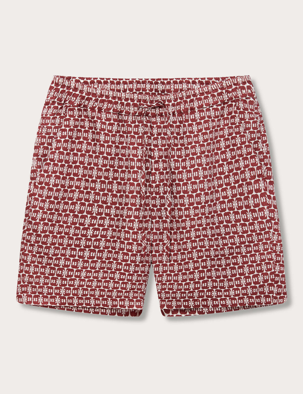 Men's Elephant of India Joulter Linen Shorts with dark burgundy elephants on a white background.