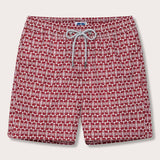 Men's Elephants of India Staniel Swim Shorts featuring dark burgundy elephants on a white background. Patterned swim shorts made from 100% recycled quick-drying fabric, displayed on a flat surface.