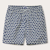 Men's Eye of the Tiger Staniel Swim Shorts front view. The patterned swim shorts show stone coloured tigers on a Chambray Blue background.