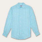 Blue long-sleeve men's linen shirt featuring a Golden Mahseer fish pattern.