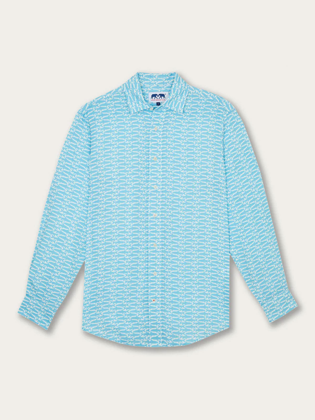 Blue long-sleeve men's linen shirt featuring a Golden Mahseer fish pattern.