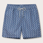 Men's Go With the Flow Staniel Swim Shorts featuring a Moorish Idol fish print on a deep blue background.