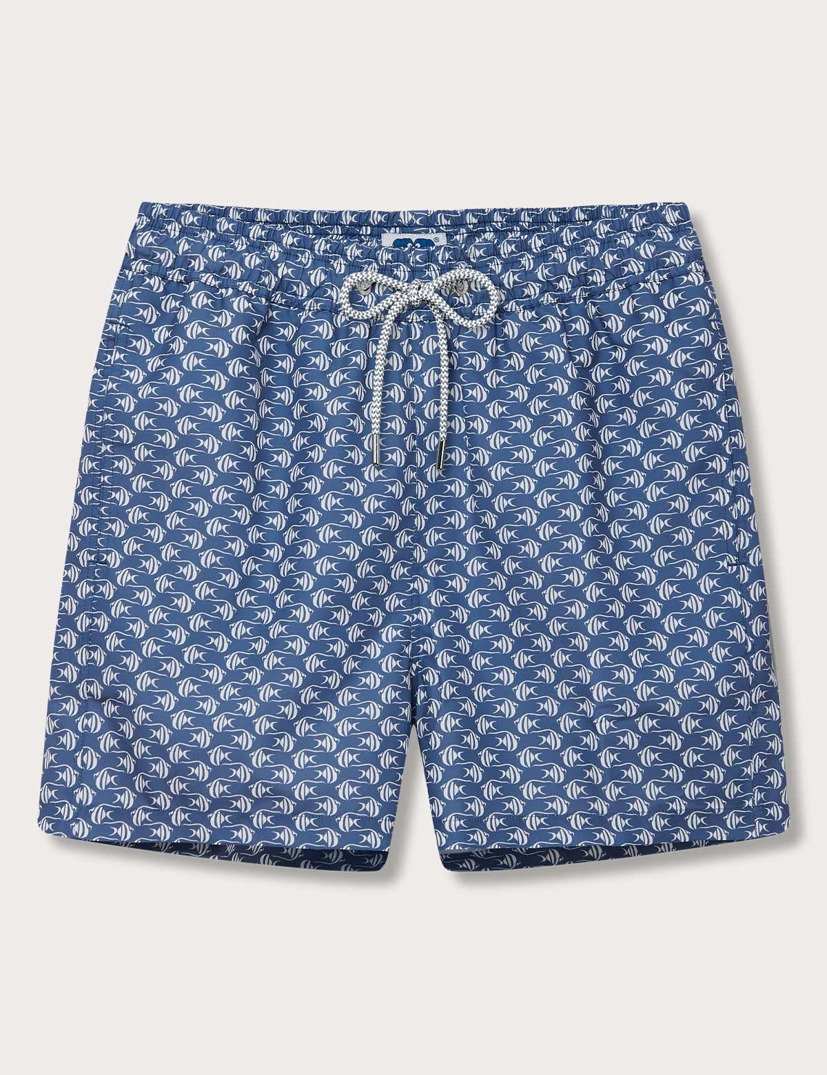 Men's Go With the Flow Staniel Swim Shorts featuring a Moorish Idol fish print on a deep blue background.