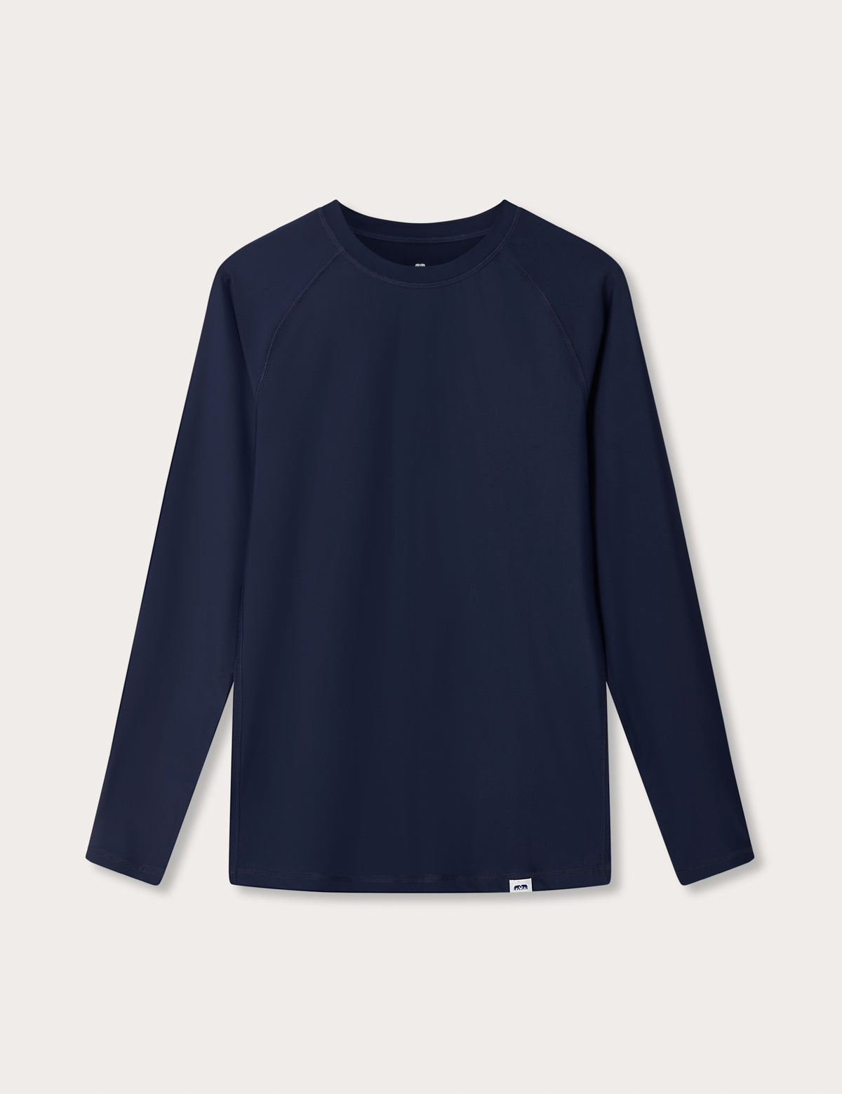 Mens navy blue rash vest with classic rounded collar and long sleeves.