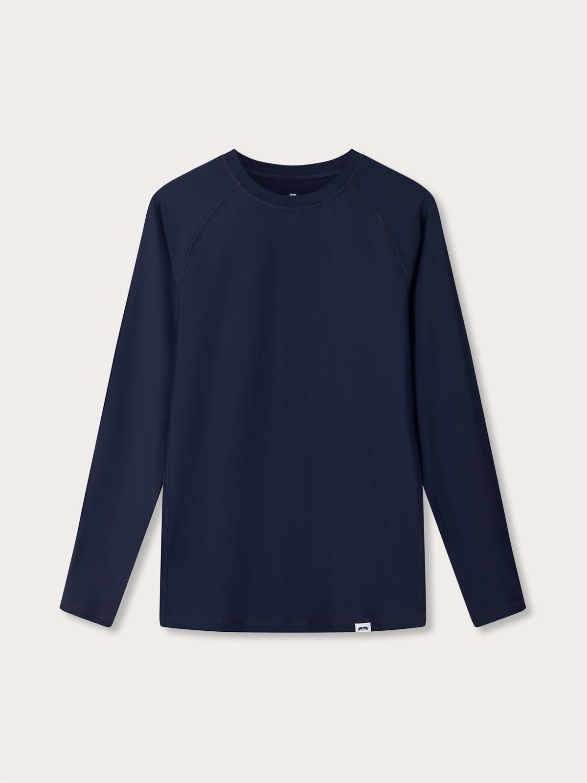 Mens navy blue rash vest with classic rounded collar and long sleeves.