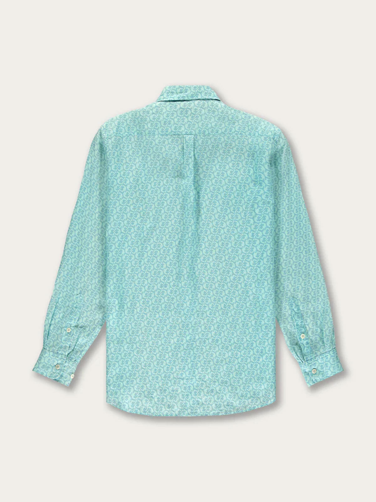 Back view of green shark print linen shirt