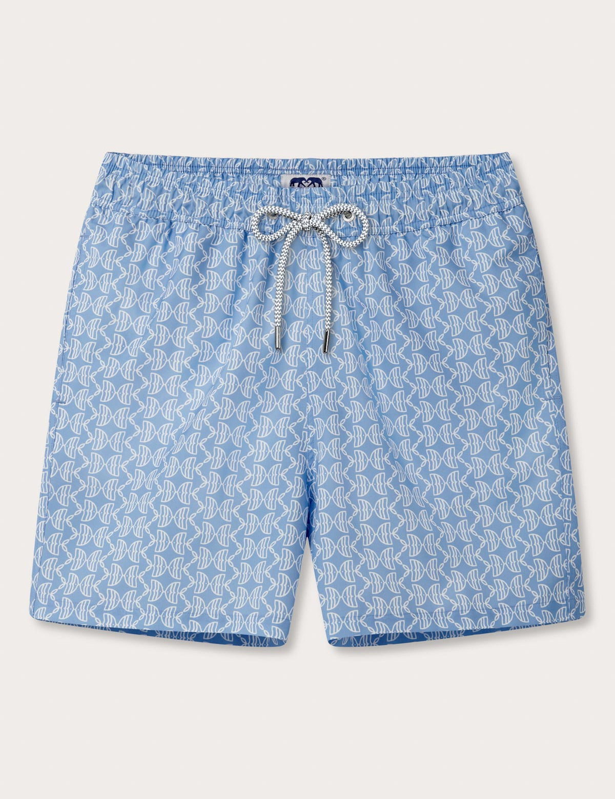 Front view of Men's Kissing Fish Staniel Swim Shorts. blue and white swim shorts with a fish design, drawstring waist and pockets.