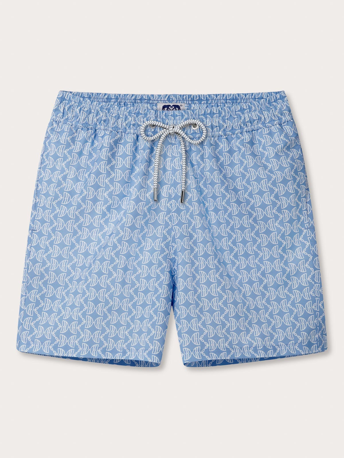 Front view of Men's Kissing Fish Staniel Swim Shorts. blue and white swim shorts with a fish design, drawstring waist and pockets.