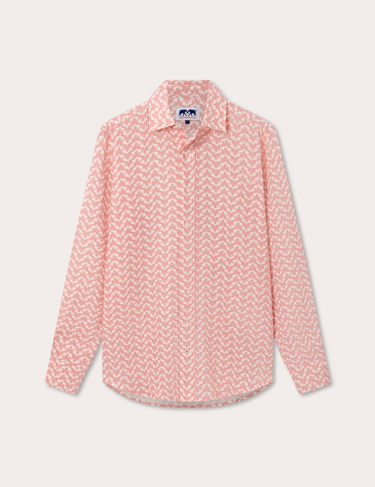 Men's Elephant Palace Strawberry Abaco Linen Shirt. Front view of white and pink linen shirt featuring bestselling elephant palace print. Long-sleeved, button-up shirt in a relaxed fit.