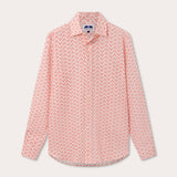 Men's Elephant Palace Strawberry Abaco Linen Shirt. Front view of white and pink linen shirt featuring bestselling elephant palace print. Long-sleeved, button-up shirt in a relaxed fit.