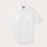 Men's White Normans Linen Shirt. Short sleeved mens linen shirt with camp collar and two double breast pockets.