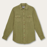 Men's Olive Green Andros Hemp Shirt with long sleeves, button-down front, and pleated double chest pockets.