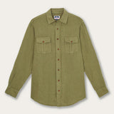 Men's Olive Green Andros Hemp Shirt with long sleeves, button-down front, and pleated double chest pockets.